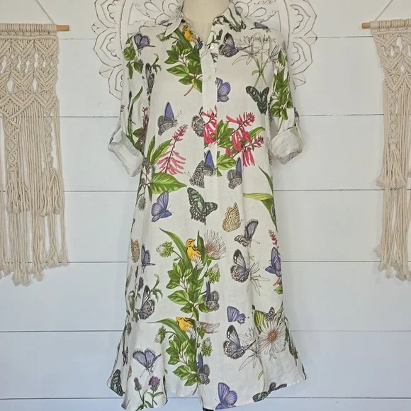 J. McLaughlin Wellesley Linen Dress In Jardin Mariposa - Picture 2 of 9